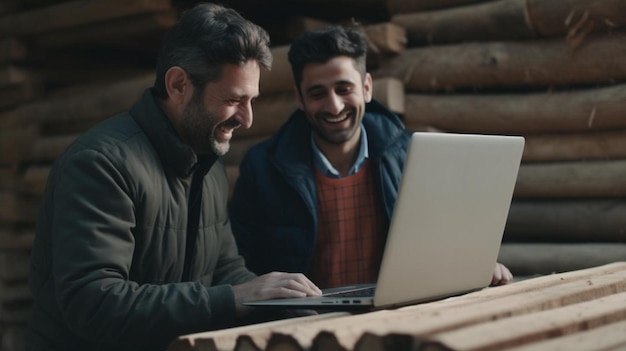dos diseñadores de madera trabajando con computadora portátil en el taller