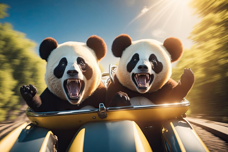 Foto dos divertidos locos asustados sonrientes osos panda ai generativo