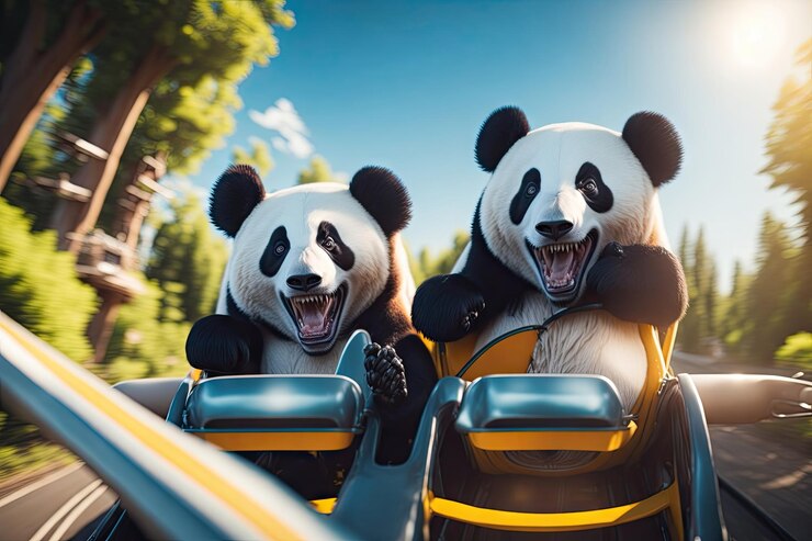 Foto dos divertidos locos asustados sonrientes osos panda ai generativo