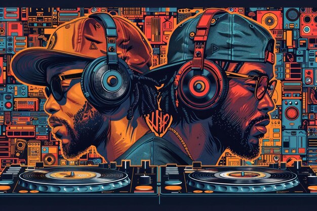 Dos DJs con auriculares en una consola de mezclador giratorio con un fondo de graffiti