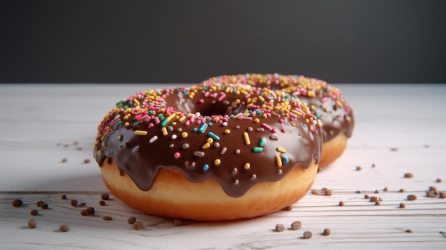 Dos donuts de chocolate con chispas encima de una mesa de madera.