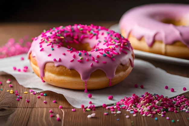 Dos donuts rosas con chispas sobre una mesa de madera