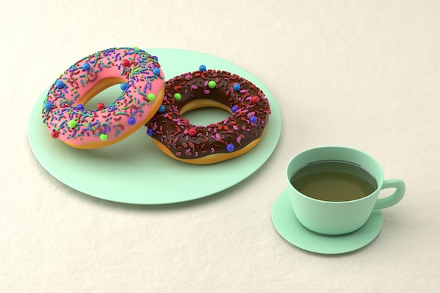 Dos donuts y una taza de té Fondo claro Desayuno concepto 3D render