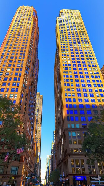 Dos edificios altos con un cielo azul en el fondo