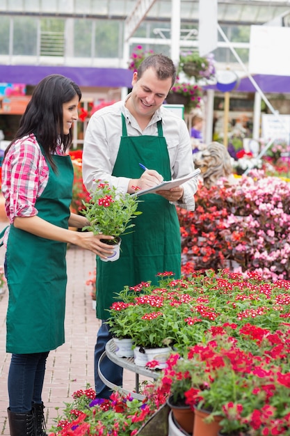 Dos empleados del centro de jardinería tomando notas