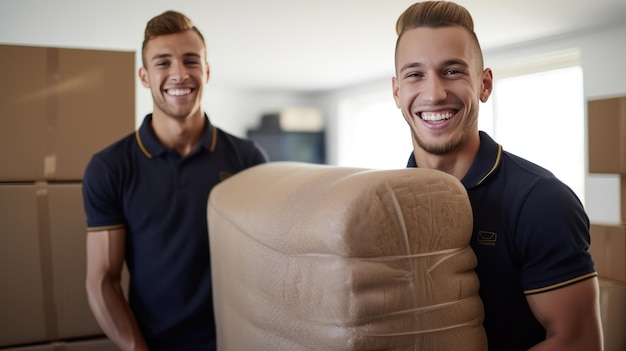 Foto dos empleados de una compañía de mudanzas frente a muebles empacados y cajas creadas con tecnología de ia generativa