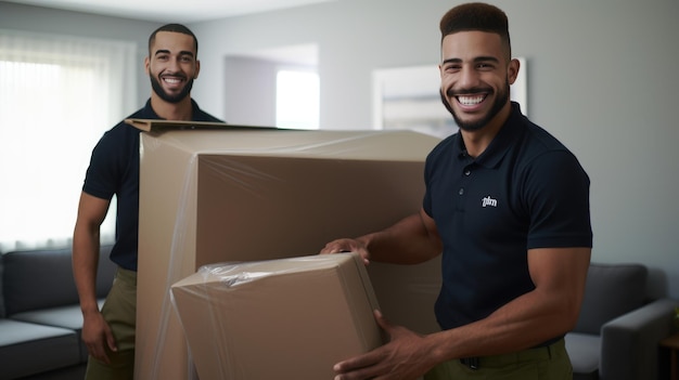 Dos empleados de una compañía de mudanzas frente a muebles empacados y cajas creadas con tecnología de IA generativa