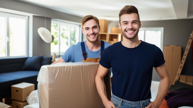 Foto dos empleados de una empresa de mudanzas frente a muebles y cajas empaquetados creado con tecnología de ia generativa