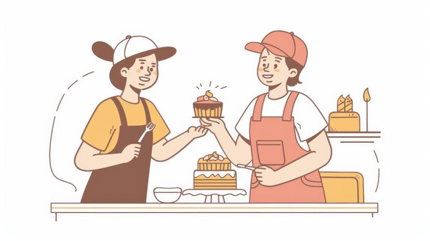 Dos empleados de la panadería ordenando y sirviendo pasteles de estilo moderno dibujados a mano