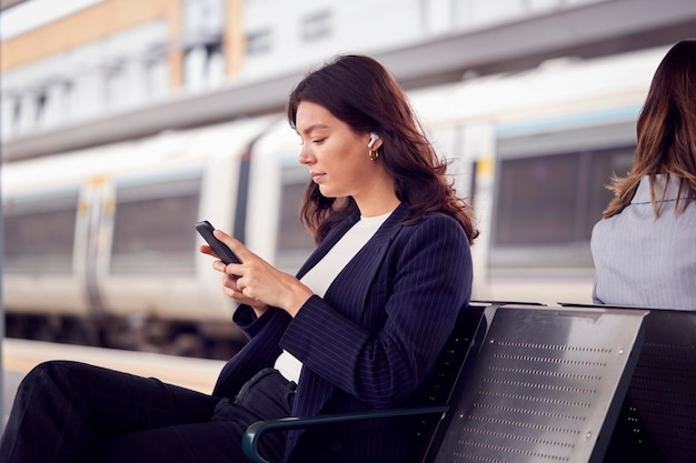 Dos empresarias que viajan al trabajo esperando el tren en la plataforma de la estación mirando teléfonos móviles