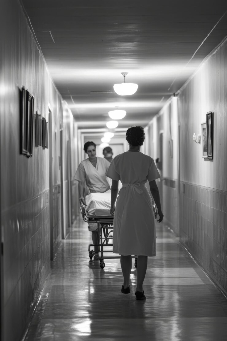 Dos enfermeras llevando a un paciente por un corredor del hospital