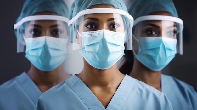 Dos enfermeras con mascarillas quirúrgicas, una con mascarilla y la otra con mascarilla.