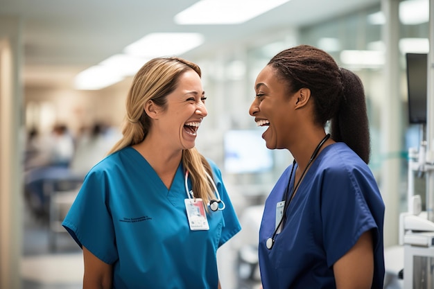dos enfermeras riendo y hablando en un hospital