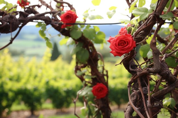 Dos enredaderas entrelazadas con un lecho de rosas al fondo