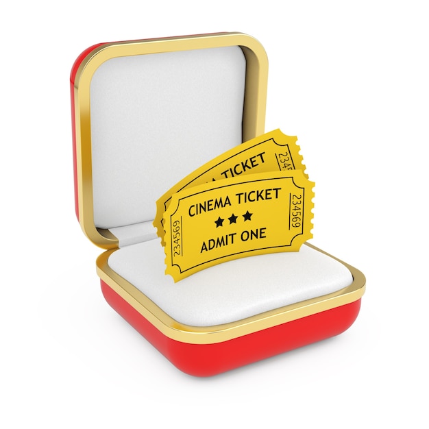 Dos entradas de cine amarillas en la caja de regalo roja sobre un fondo blanco. Representación 3D