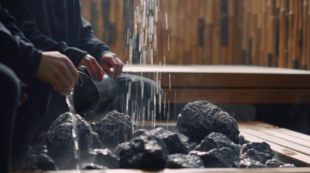 Dos entrenadores se sientan uno al lado del otro en un banco de sauna uno vertiendo agua sobre las rocas de sauna calientes mientras el otro