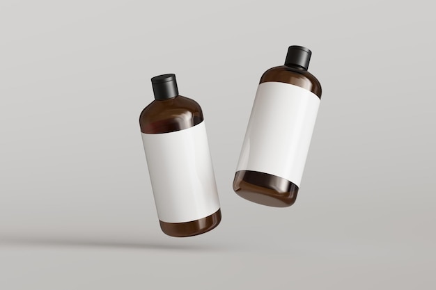 Dos envases cosméticos de plástico marrón con etiquetas botellas de champú flotando sobre fondo gris vista frontal maqueta de renderizado 3D