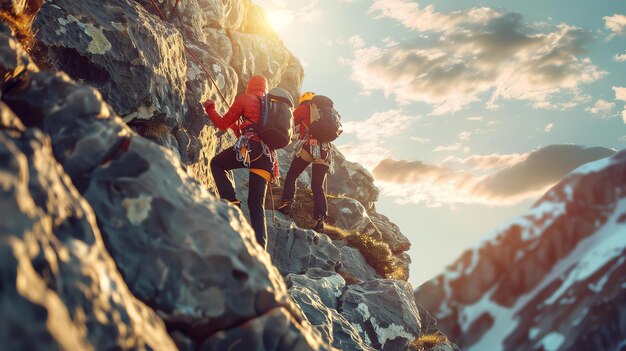 Dos escaladores en una roca los escaladores llevan chaquetas rojas y azules la roca es muy empinada y hay un largo camino hasta la cima