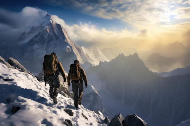 Dos escaladores suben al pico de la montaña Vista trasera de alpinistas escalando montañas cubiertas de nieve Viajeros durante actividades al aire libre