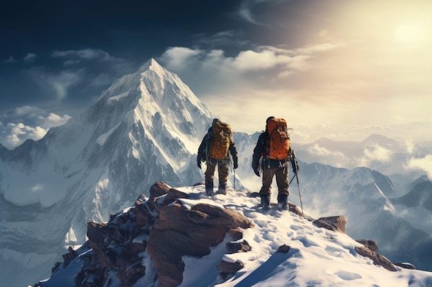 Dos escaladores suben al pico de la montaña Vista trasera de alpinistas escalando montañas cubiertas de nieve Viajeros durante actividades al aire libre