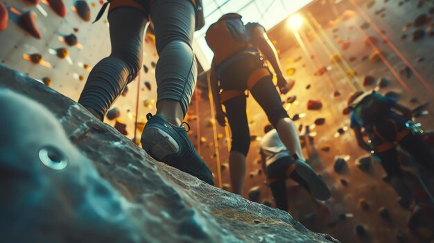 Dos escaladores suben una pared desafiante Sus piernas y pies se muestran en detalle con la pared de roca borrosa en el fondo