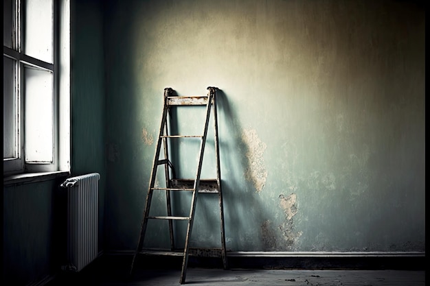 Dos escaleras antiguas de metal contra la pared en una habitación vacía