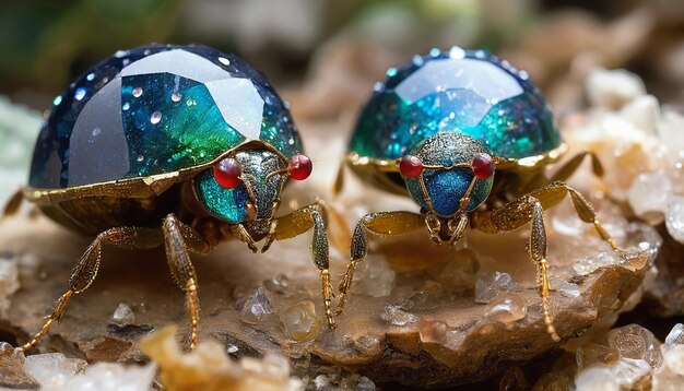 Foto dos escarabajos están en una roca y uno tiene una cara azul y verde