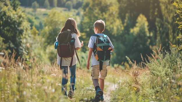 Dos escolares caminando en una excursión a la naturaleza hablando