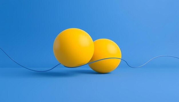 Dos esferas amarillas conectadas por una cuerda azul en un fondo azul concepto moderno minimalista
