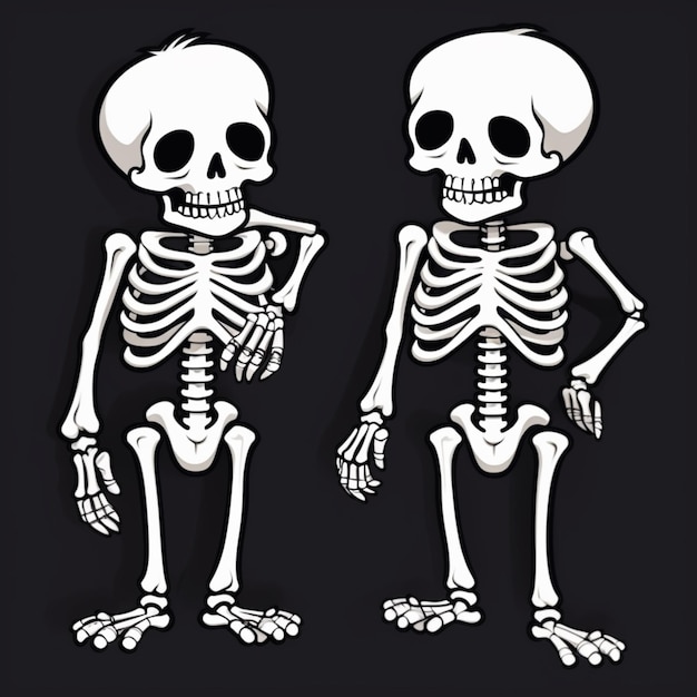 dos esqueletos de dibujos animados de pie uno al lado del otro en un fondo negro generativo ai