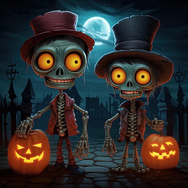 dos esqueletos están vestidos como personajes de Halloween, uno tiene una calabaza y el otro con un sombrero negro.