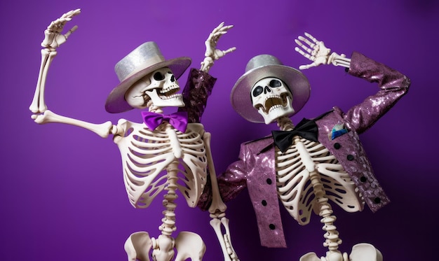 Dos esqueletos felices bailando en una fiesta de halloween