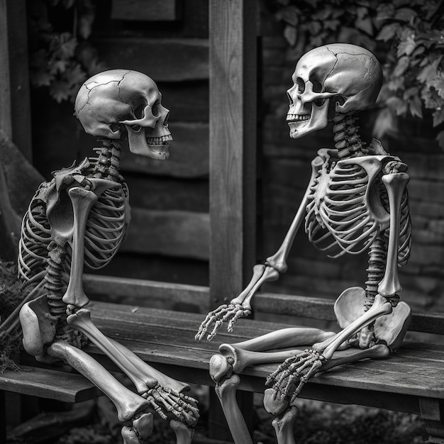 Dos esqueletos se sientan en un banco, uno de los cuales es un esqueleto.