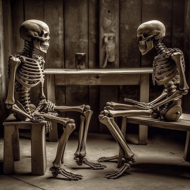 Dos esqueletos se sientan en un banco en una habitación oscura, uno de los cuales está sentado en un banco.