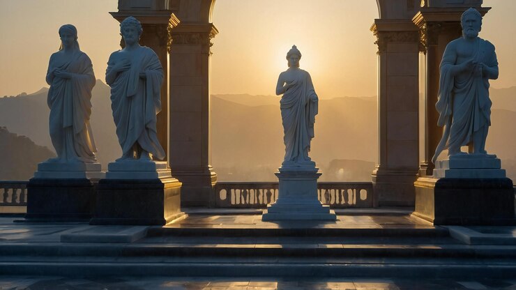 dos estatuas están frente a una puesta de sol con el sol poniéndose detrás de ellos