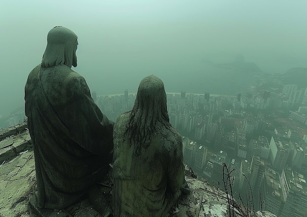 dos estatuas están mirando al agua y la ciudad de abajo es una estatua de un hombre y una mujer