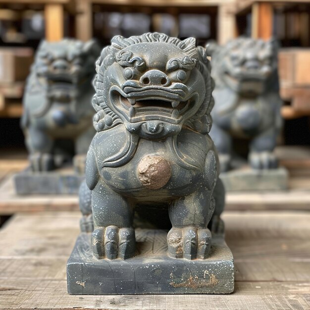 Foto dos estatuas de leones con el nombre de león en ellos