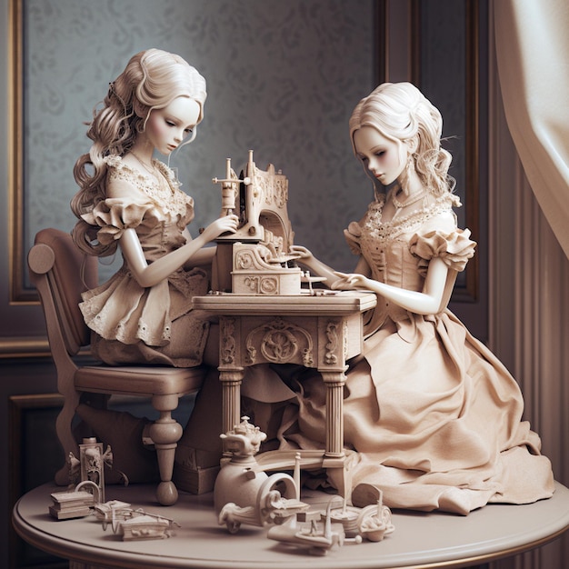 Dos estatuas de mujeres cosen sobre una mesa.