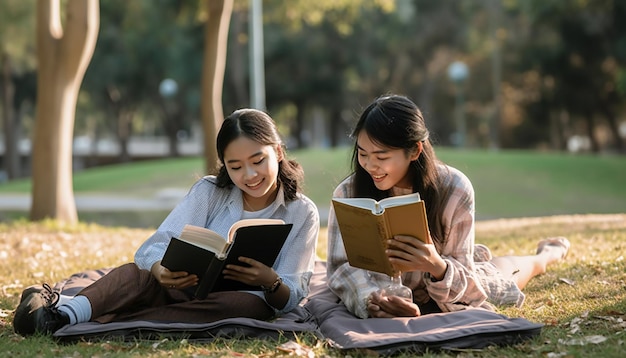 Dos estudiantes asiáticos leyendo en el parque