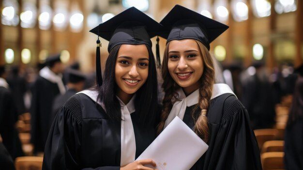 Dos estudiantes en la ceremonia de graduación felices