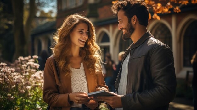 Dos estudiantes felices hablando entre sí en el campus al atardecer con una luz cálida