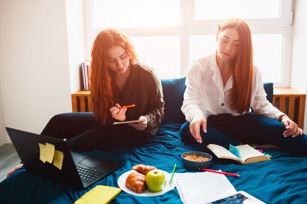 Dos estudiantes pelirrojos estudian en casa o se preparan para los exámenes. Las mujeres jóvenes haciendo los deberes en una cama dormitorio cerca de la ventana. Hay cuadernos, libros de comida, una tableta y una computadora portátil y documentos