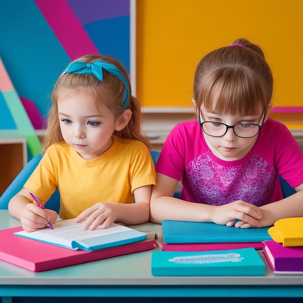 Dos estudiantes en un salón de clases usando juntos una computadora portátil