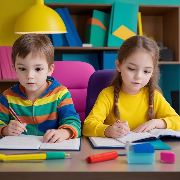 Dos estudiantes en un salón de clases usando juntos una computadora portátil