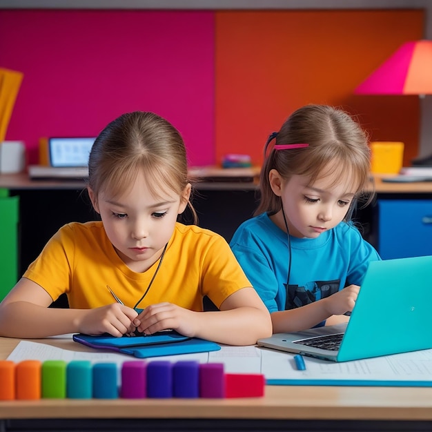 Dos estudiantes en un salón de clases usando juntos una computadora portátil