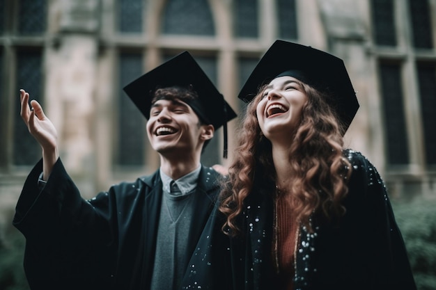 Dos estudiantes con togas y birretes de graduación se ríen y ríen afuera de una iglesia
