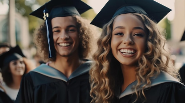 Dos estudiantes con togas y birretes de graduación sonríen para la cámara
