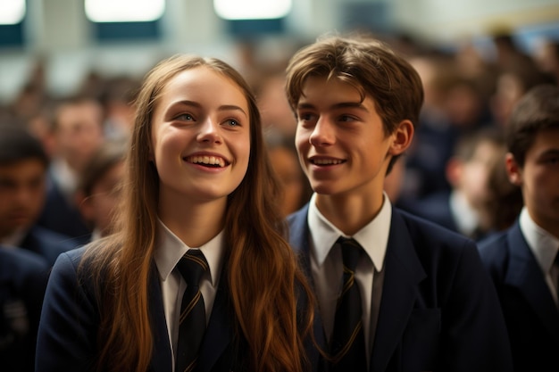 Dos estudiantes en uniforme esperando ansiosamente la asamblea de la escuela imágenes de juego de la escuela