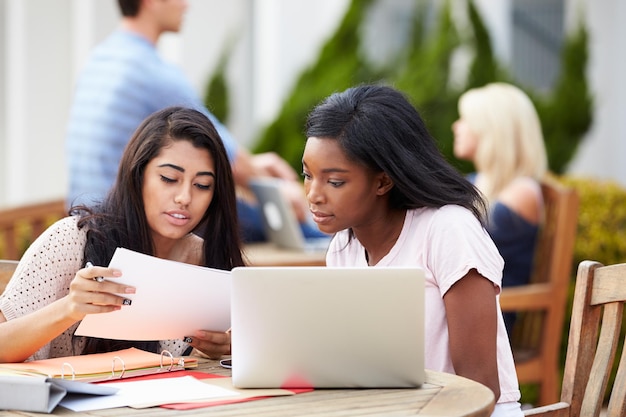 Dos estudiantes universitarios trabajando juntos en un proyecto al aire libre