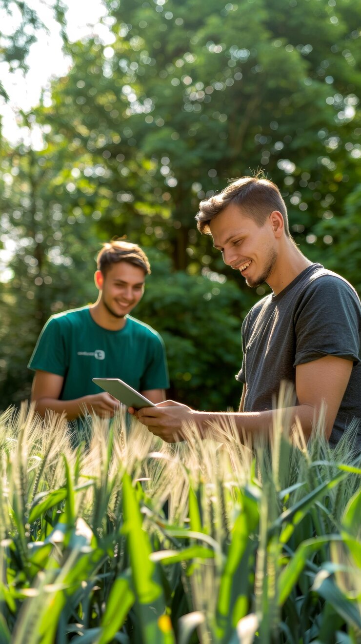 dos europeos hombre hablando y sonriendo y mirando una tableta de pie en un campo verde con buen tiempo